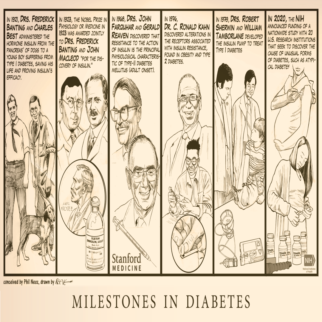 Cartoon: Milestones in Diabetes, Piece 4 of 4, Conceived by Phil Ness, drawn by Reeve, 2022.